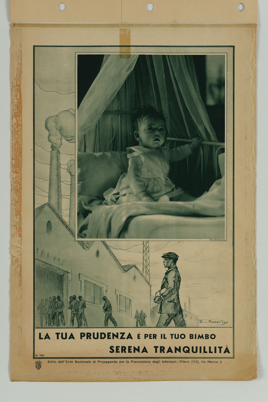 ingresso degli operai in fabbrica e bambina seduta nella culla (manifesto) di Tradico E - ambito italiano (sec. XX)