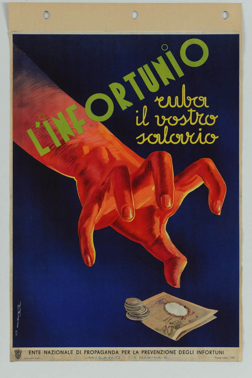 mano rapace si avventa sul denaro (manifesto) di Tradico E - ambito italiano (sec. XX)
