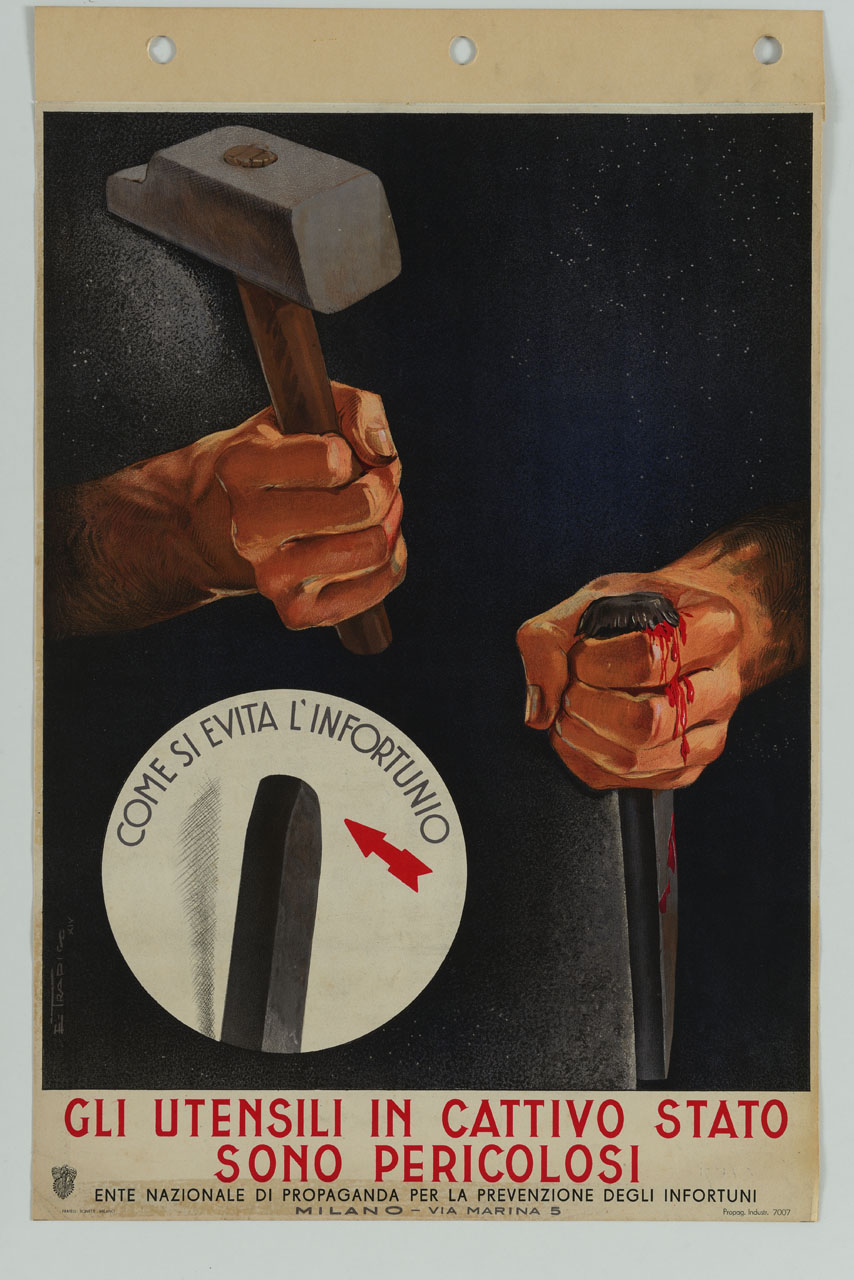 scalpello nuovo ed una mano sanguinante per l'utilizzo di uno scalpello usurato (manifesto) di Tradico E - ambito italiano (sec. XX)