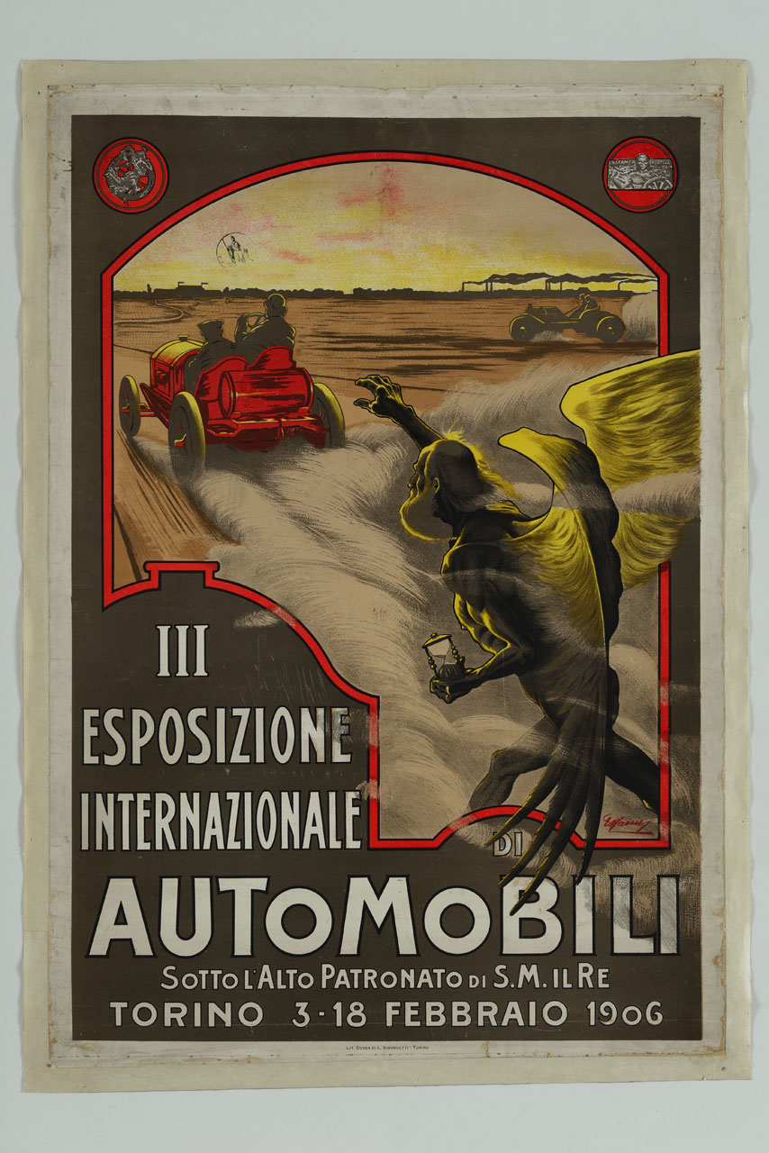due veloci automobili simboleggiano la modernità che sfugge al tempo della tradizione (manifesto) di Maim E - ambito italiano (sec. XX)