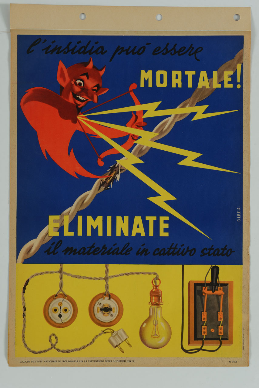 diavolo lancia saette che danneggiano un filo elettrico (manifesto) - ambito italiano (metà sec. XX)