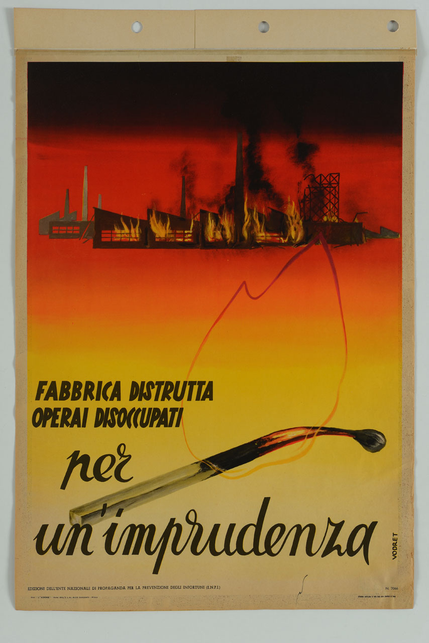 fabbrica in fiamme e fiammifero acceso in primo piano (manifesto) di Vodret - ambito italiano (metà sec. XX)