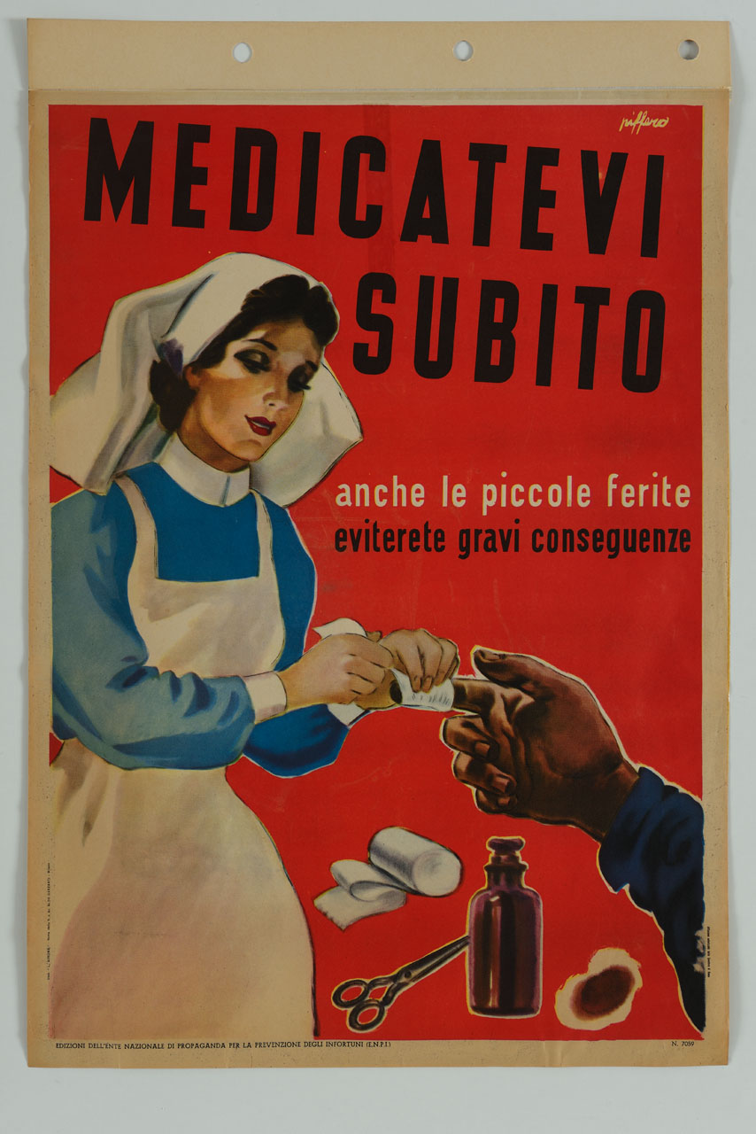 infermiera cura il dito di un ferito (manifesto) di Piffero Luigi (metà sec. XX)