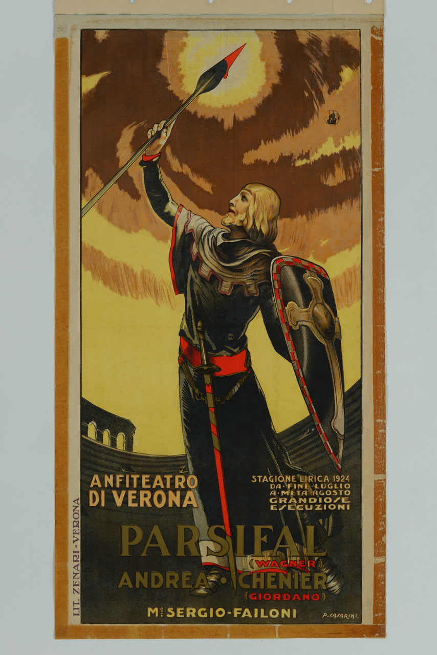 Parsifal con la lancia di Longino nell'Arena di Verona (manifesto) di Casarini Pino (sec. XX)