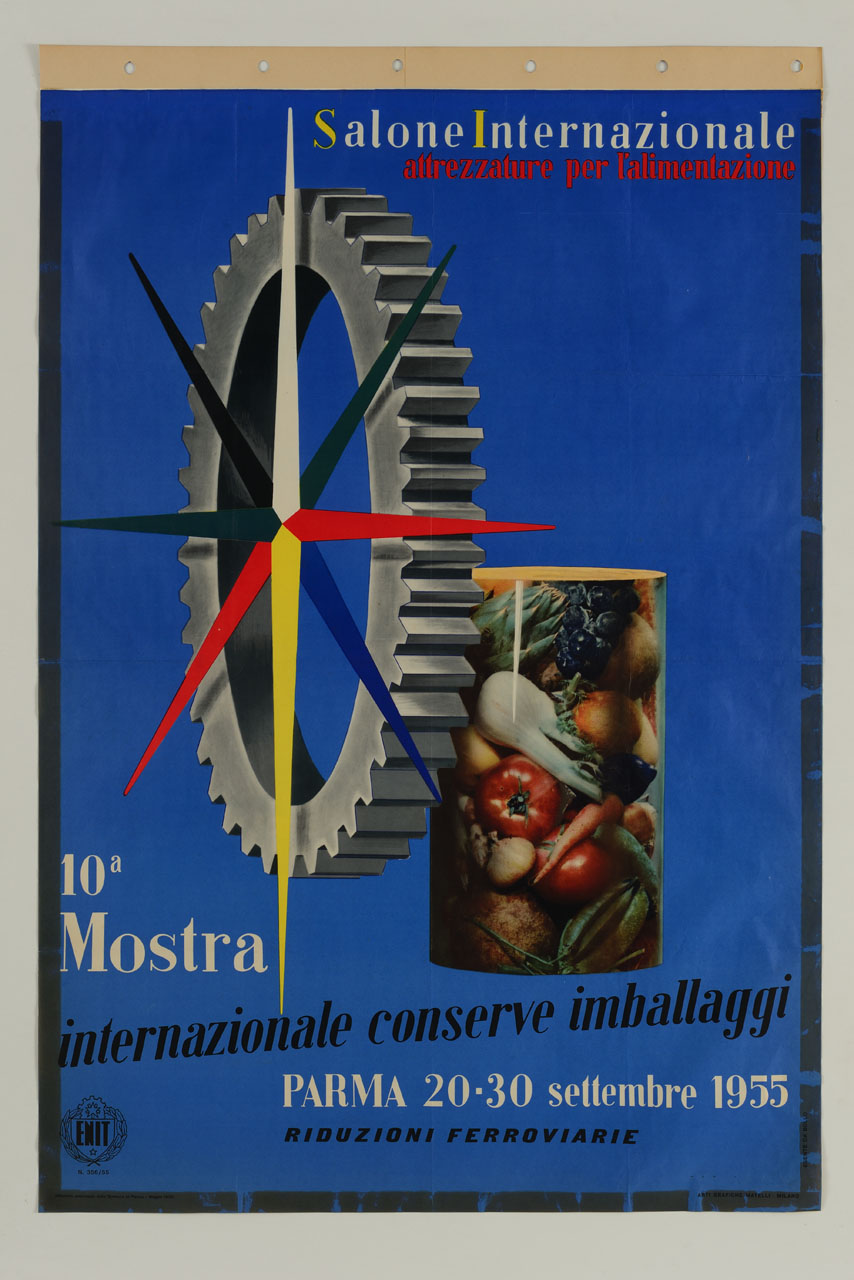 ruota dentata con rosa dei venti e cilindro contenente ortaggi e frutta (manifesto) - ambito emiliano-lombardo (sec. XX)