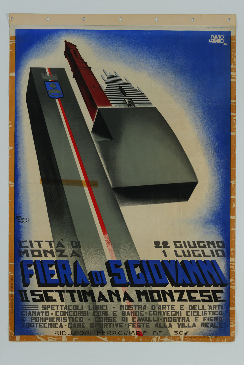 duomo di Monza innalzato su un enorme fascio littorio con stemma della città (manifesto) di Cattaneo Fausto (sec. XX)