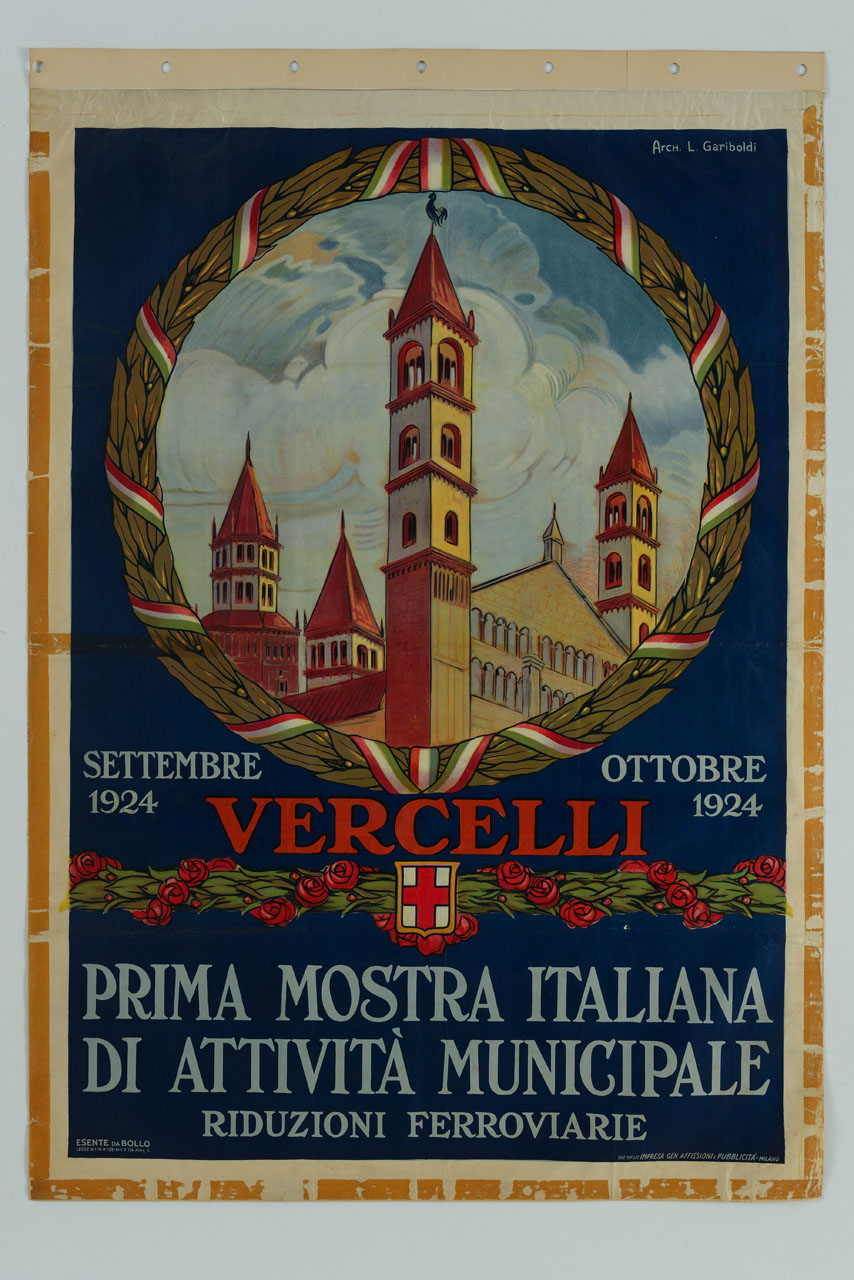 veduta della basilica di Sant'Andrea di Vercelli entro ghirlanda (manifesto) di Gariboldi Luigi (sec. XX)