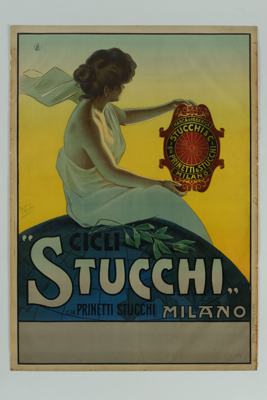 donna seduta sul globo terrestre mostra una targa con il marchio di fabbrica della Stucchi (manifesto) di Vecchi F (sec. XX)