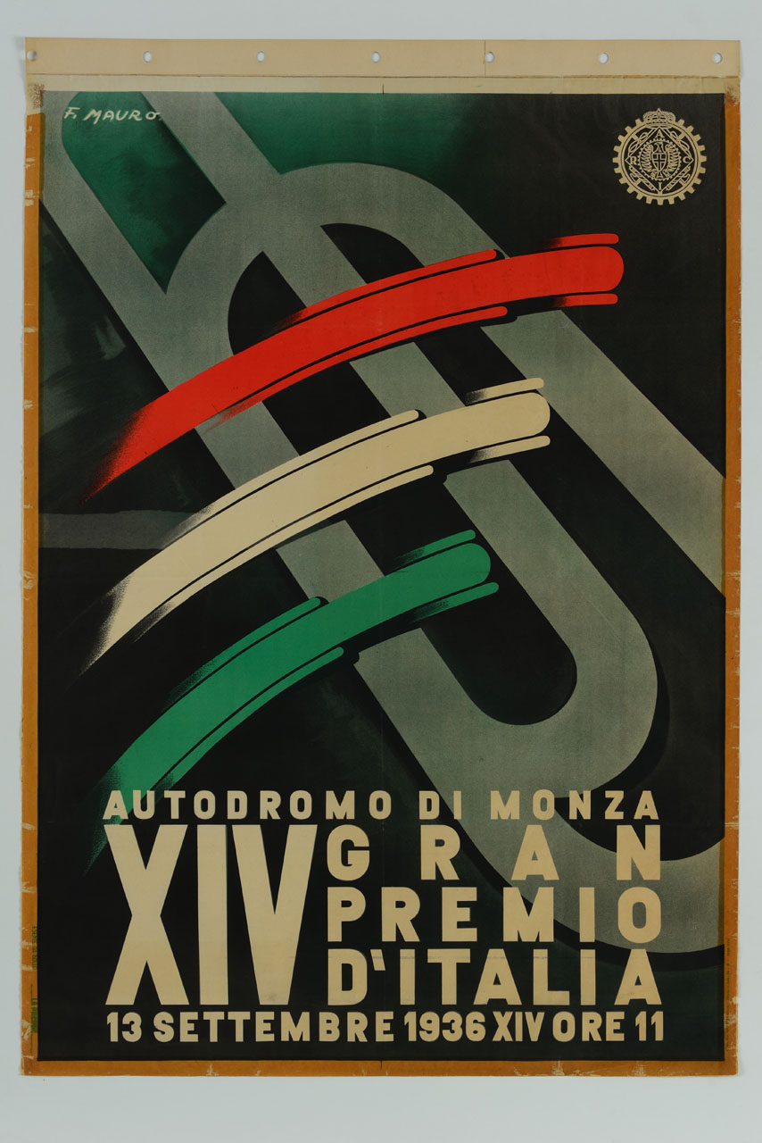 circuito stilizzato attraversato da tre scie tricolori (manifesto) di Mauro F (sec. XX)