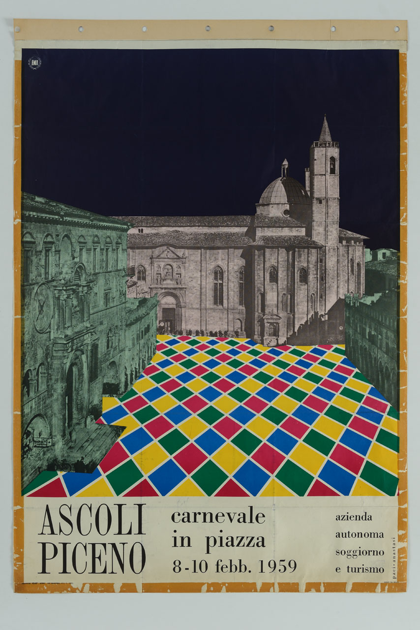 veduta di Piazza del Popolo in Ascoli Piceno con pavimentazione di fantasia a scacchiera (manifesto) di Paci Carlo, Anastasi Nino (sec. XX)