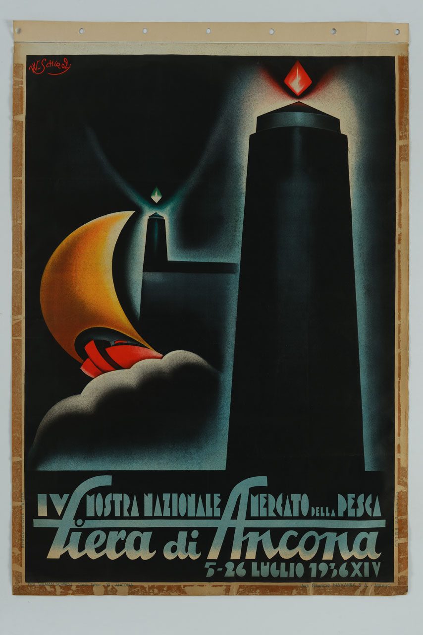 barca a vela in navigazione tra le onde tra due fari (manifesto) di Schiroli Wilman (sec. XX)