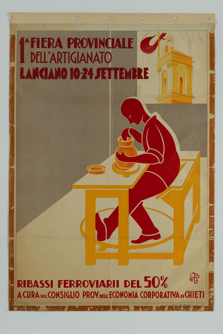 vasaio seduto al tornio foggia un vaso sullo sfondo della torre campanaria della chiesa della Madonna del Ponte di Lanciano (manifesto) di Lora (sec. XX)