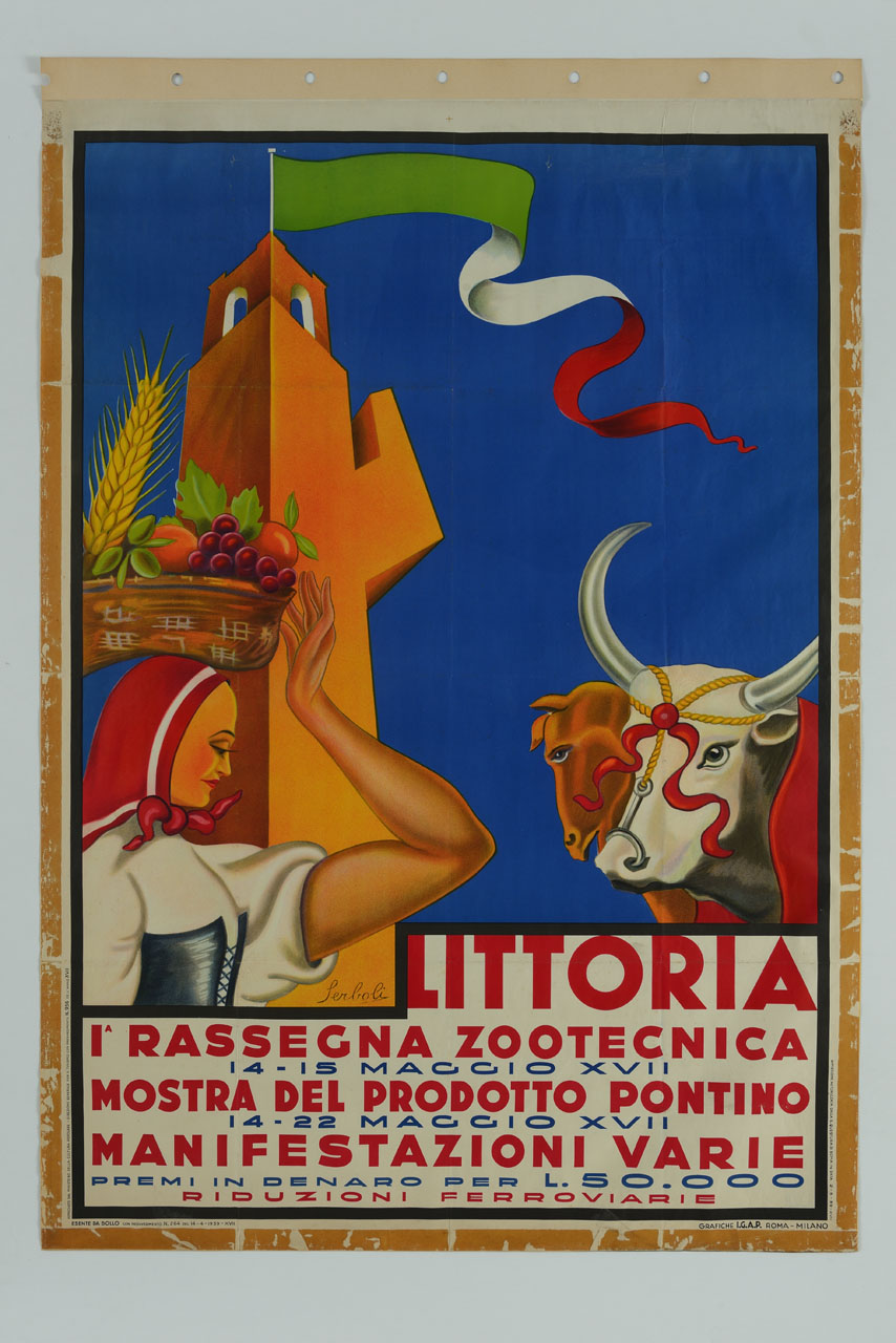 contadina con cesto in testa e due bovini e sullo sfondo torre in forma di fascio littorio (manifesto) di Serboli - ambito laziale (sec. XX)