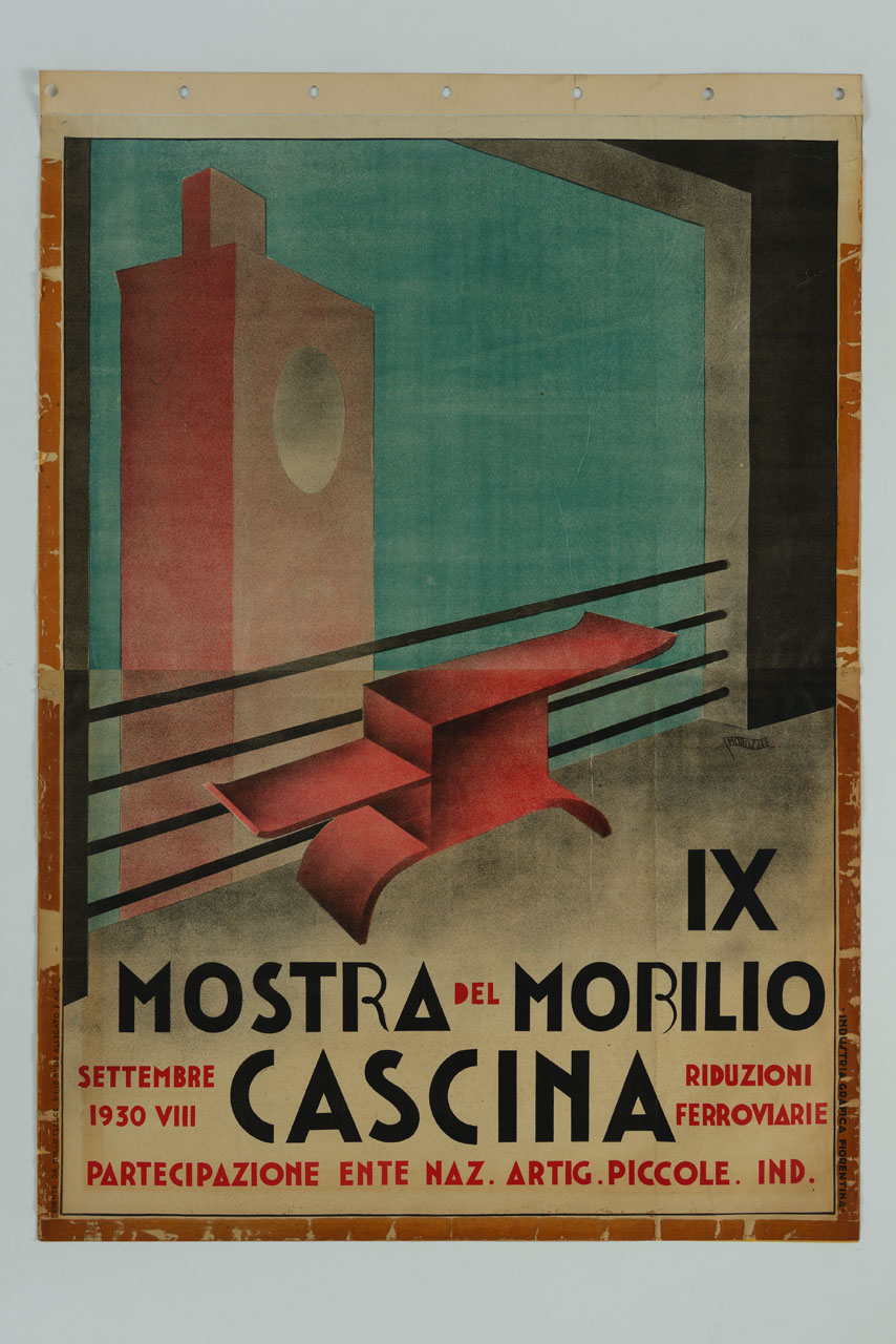mobile in interno sullo sfondo della Torre dell'Orologio di Cascina (manifesto, stampa composita) di Morozzi Dante (sec. XX)