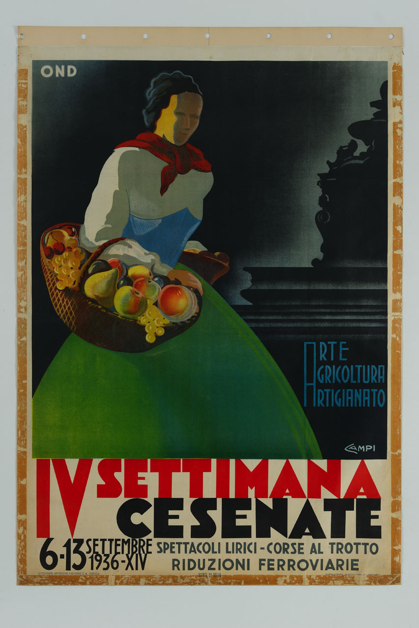 donna in costume tradizionale con cesti di frutta sullo sfondo della fontana Masini di Cesena (manifesto) di Campi Serafino (sec. XX)