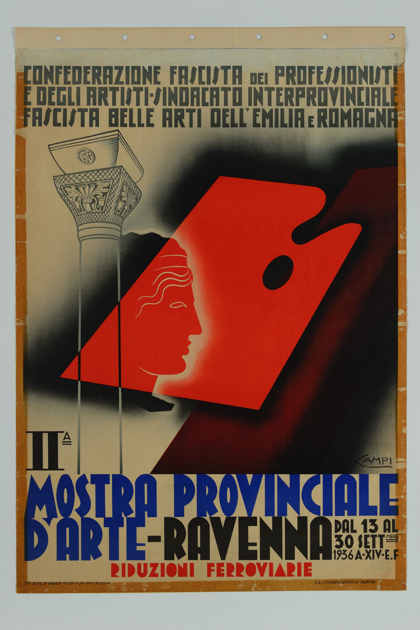 colonna della chiesa di San Vitale in Ravenna sullo sfondo busto tavolozza e fascio littorio stilizzati (manifesto) di Campi Serafino (sec. XX)