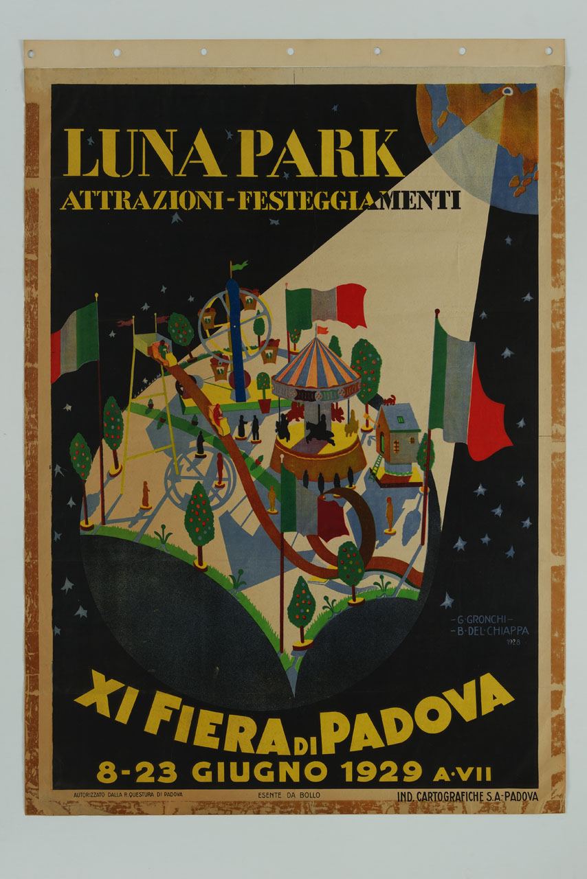 luna park con bandiere tricolori illuminato da un cono di luce (manifesto) di Gronchi Giuseppe, del Chiappa Giuseppe detto Beppe (sec. XX)