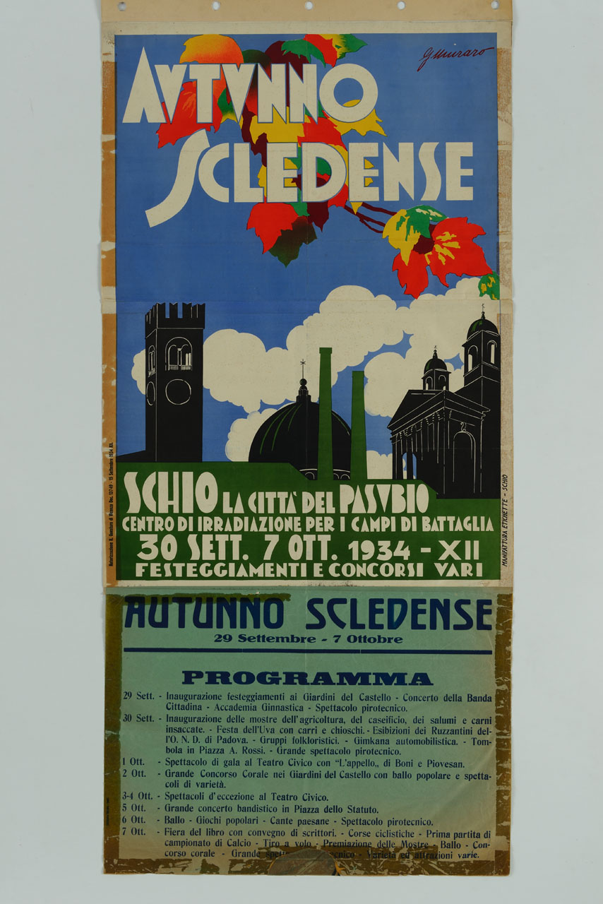 ramo con foglie autunnali colorate sullo sfondo di alcuni monumenti della città di Schio (manifesto) di Muraro G - ambito scledense (sec. XX)