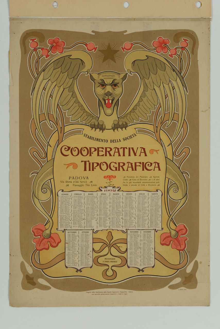 Felino alato con elementi decorativi floreali regge uno scudo con calendario (calendario) di Rizzi E - ambito veneto (sec. XX)