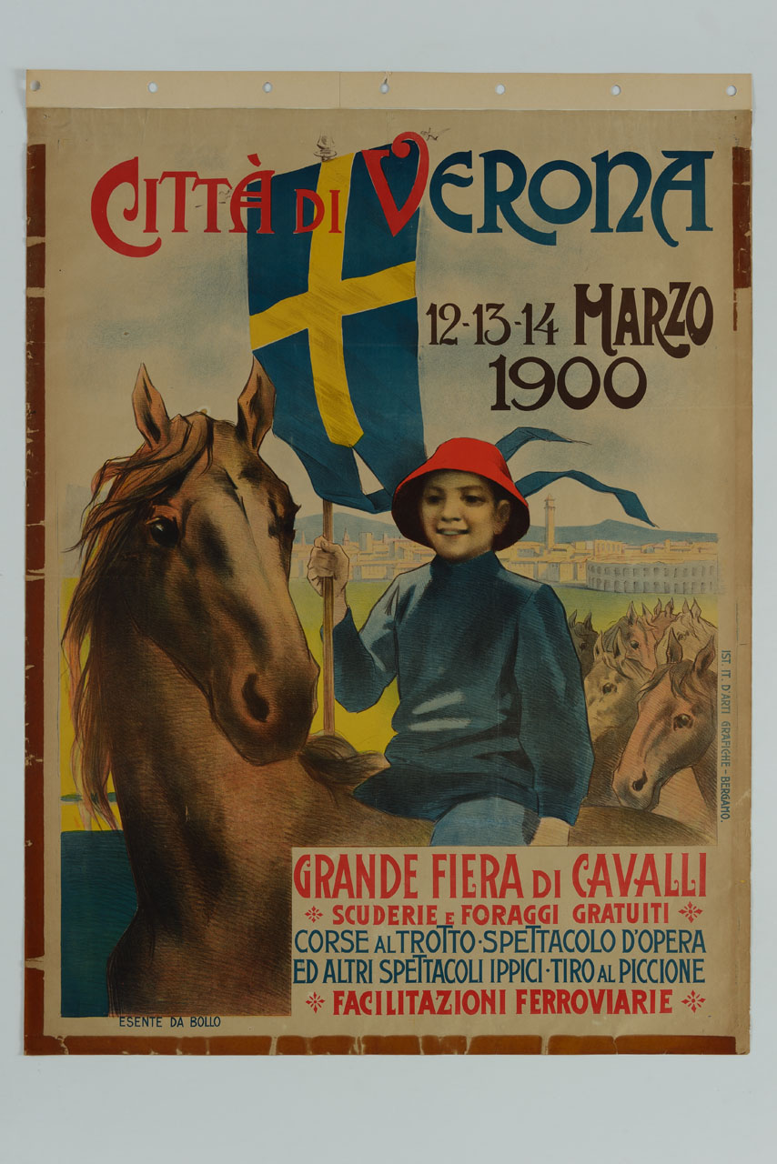 ragazzo con gonfalone della Città di Verona in groppa al primo cavallo di un branco sullo sfondo della città (manifesto) - ambito italiano (sec. XX)