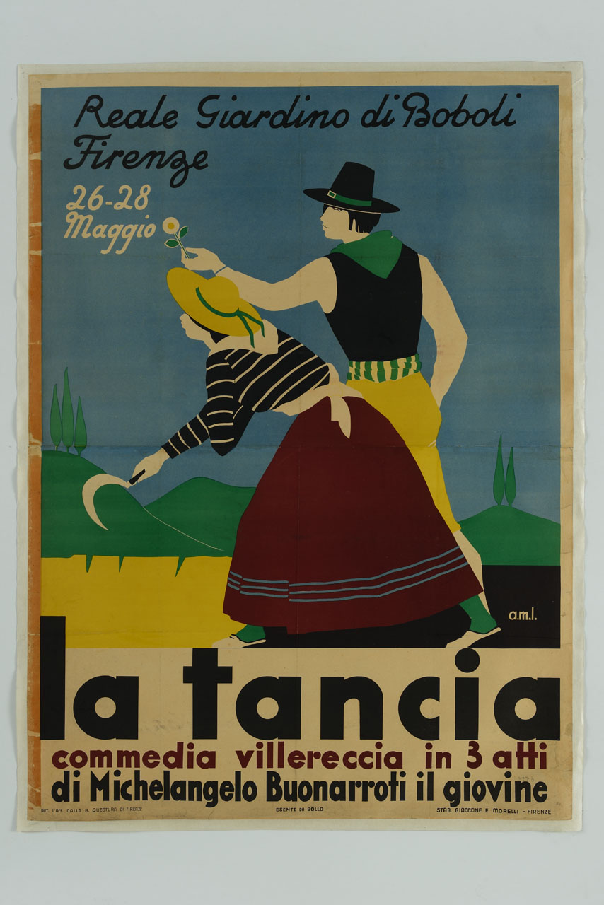 coppia di contadini in costume tradizionale sullo sfondo di un paesaggio toscano stilizzato (manifesto) di Landi Angelo Maria (sec. XX)