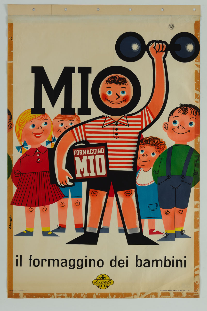 ragazzo con una scatola di formaggini sotto un braccio solleva un bilanciere ammirato da un gruppo di bambini (manifesto) di Cassetti Luigi (sec. XX)