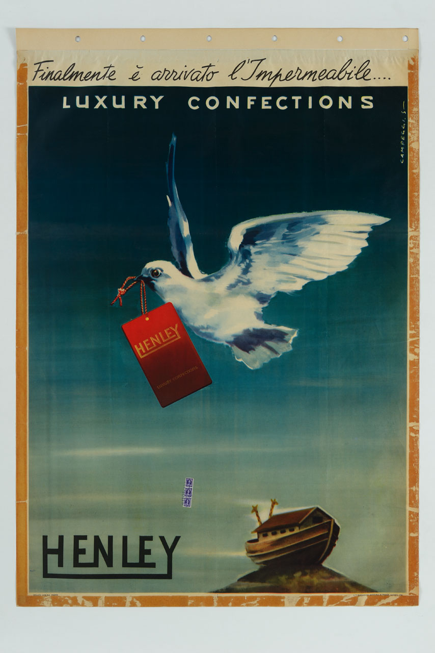 colomba in volo con un cartellino nel becco e arca di Noè posata sulla cima di un monte (manifesto) di Campeggi Silvano detto Nano (sec. XX)