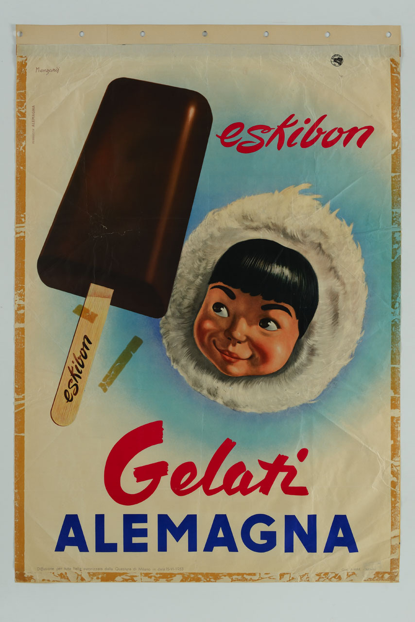 volto di bambino eschimese con occhi fissi su un gelato ricoperto al cioccolato (manifesto) di Menzardi Mario (sec. XX)