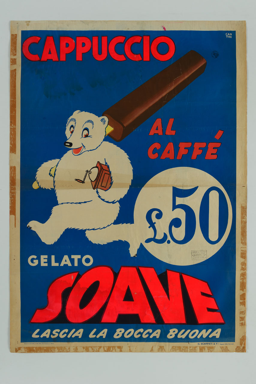 orso bianco con grande gelato su stecco e macinacaffè sotto il braccio (manifesto) di Cantini Piero (sec. XX)