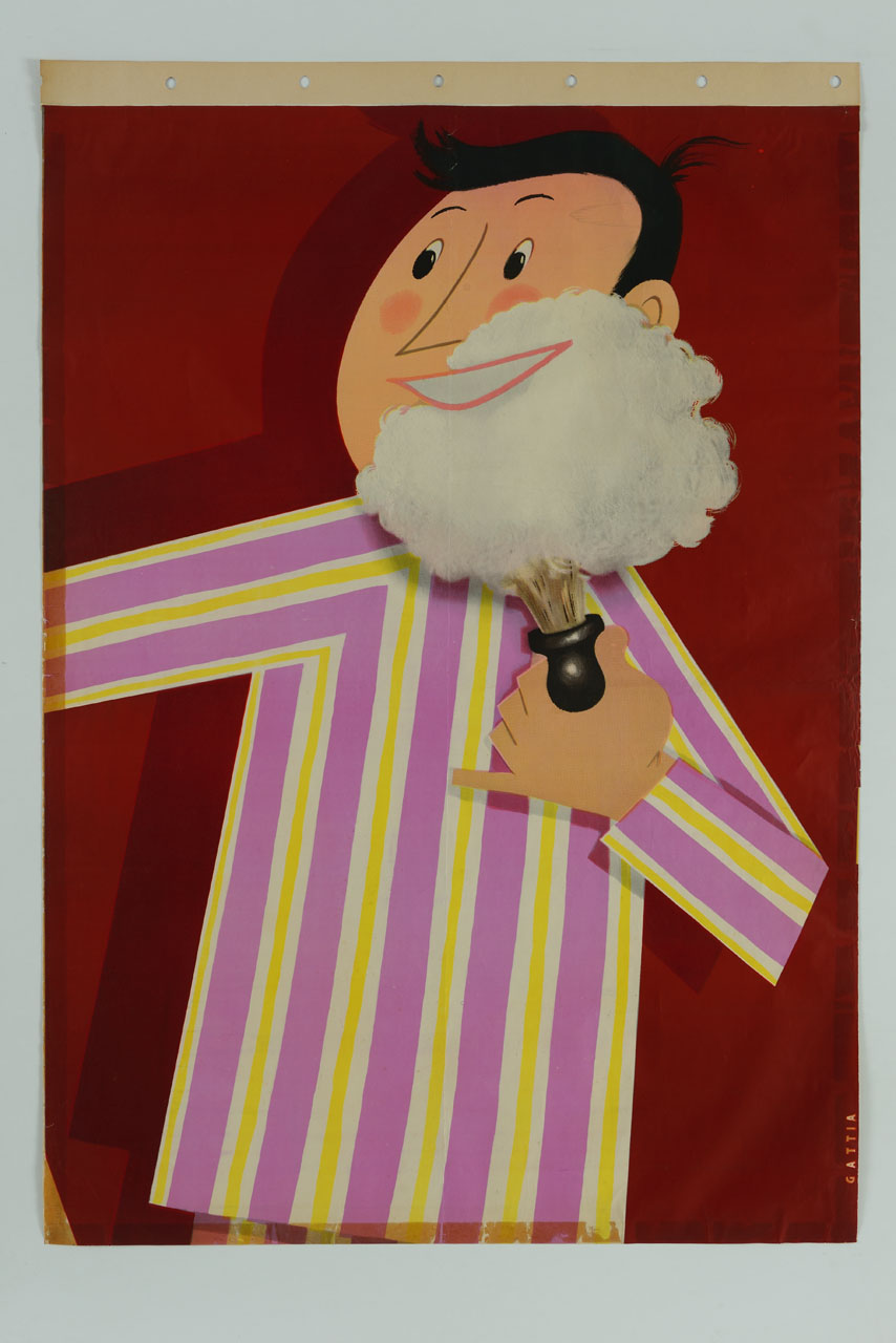 uomo in pigiama si insapona il volto con crema da barba e guarda sorridente il grande tubetto che ha in mano (manifesto, stampa composita) di Gattia Alarico (sec. XX)