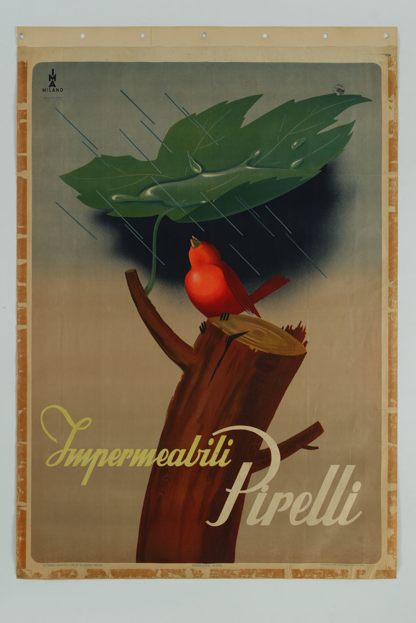 uccello posato su un tronco si ripara dalla pioggia sotto una foglia (manifesto) di IMA - Idea Metodo Arte (sec. XX)