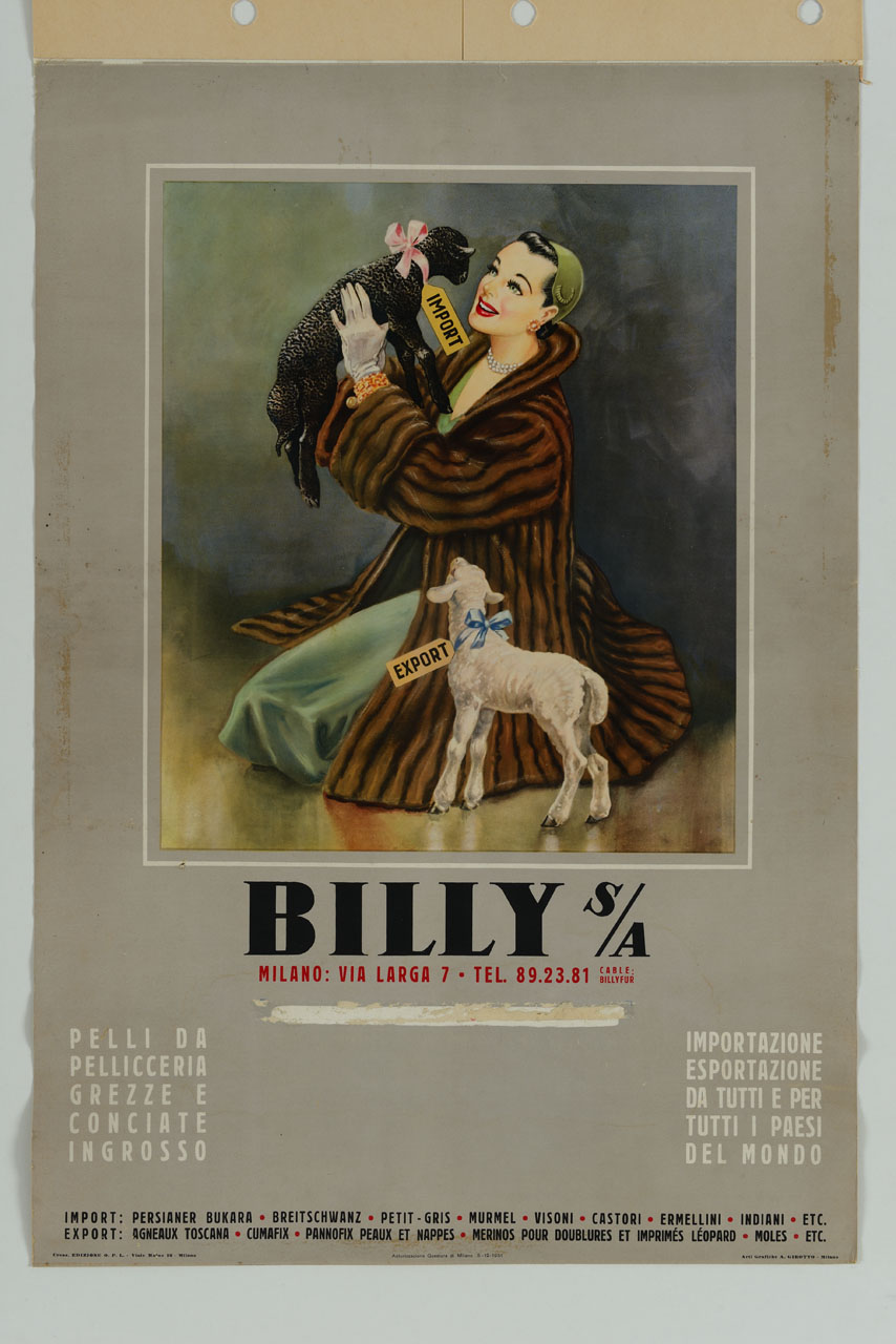 donna in pelliccia inginocchiata a fianco di un agnello bianco regge nelle mani un agnello nero (calendario) - ambito milanese (sec. XX)