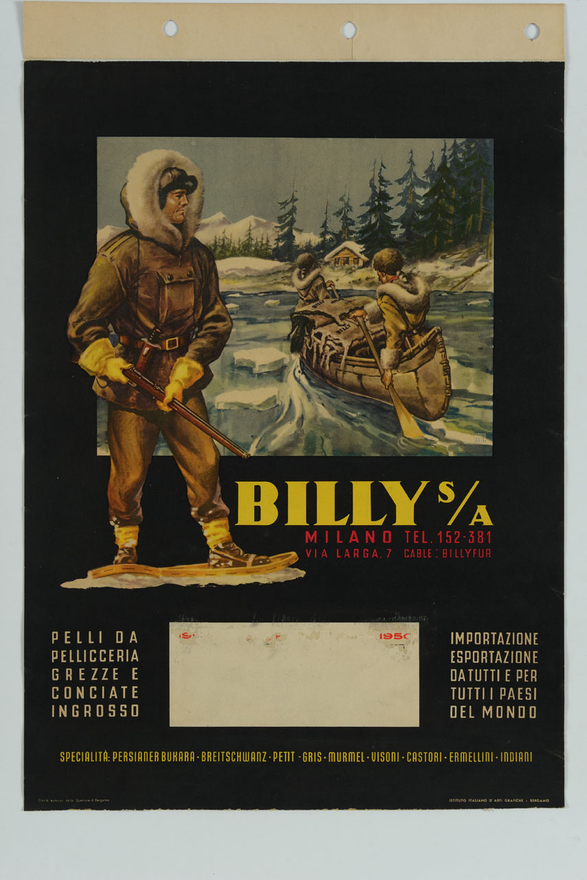 cacciatore su racchette da neve osserva l'arrivo tra i ghiacci di una canoa di pellame al rifugio tra gli alberi (calendario) - ambito italiano (sec. XX)