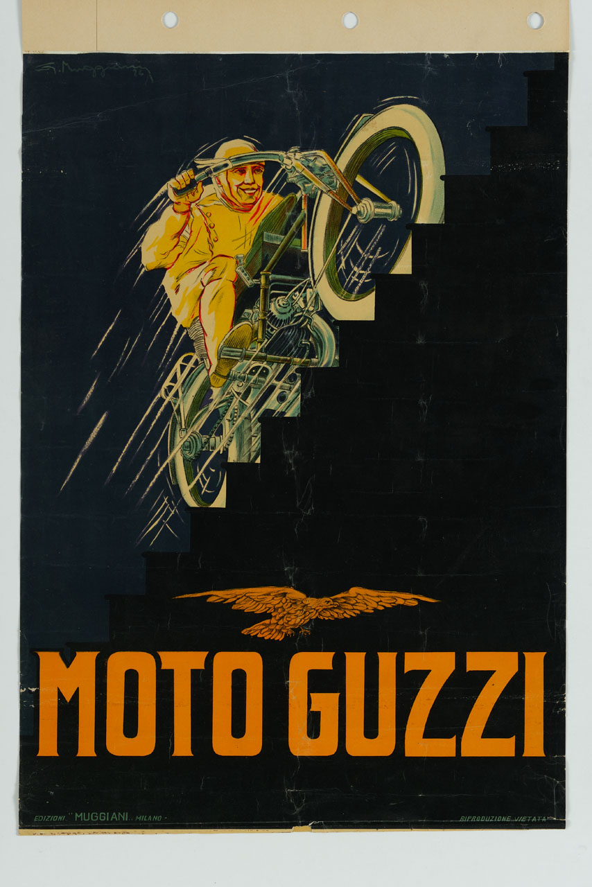 motociclista sale in moto una rampa di scale (manifesto) di Muggiani Giorgio (sec. XX)