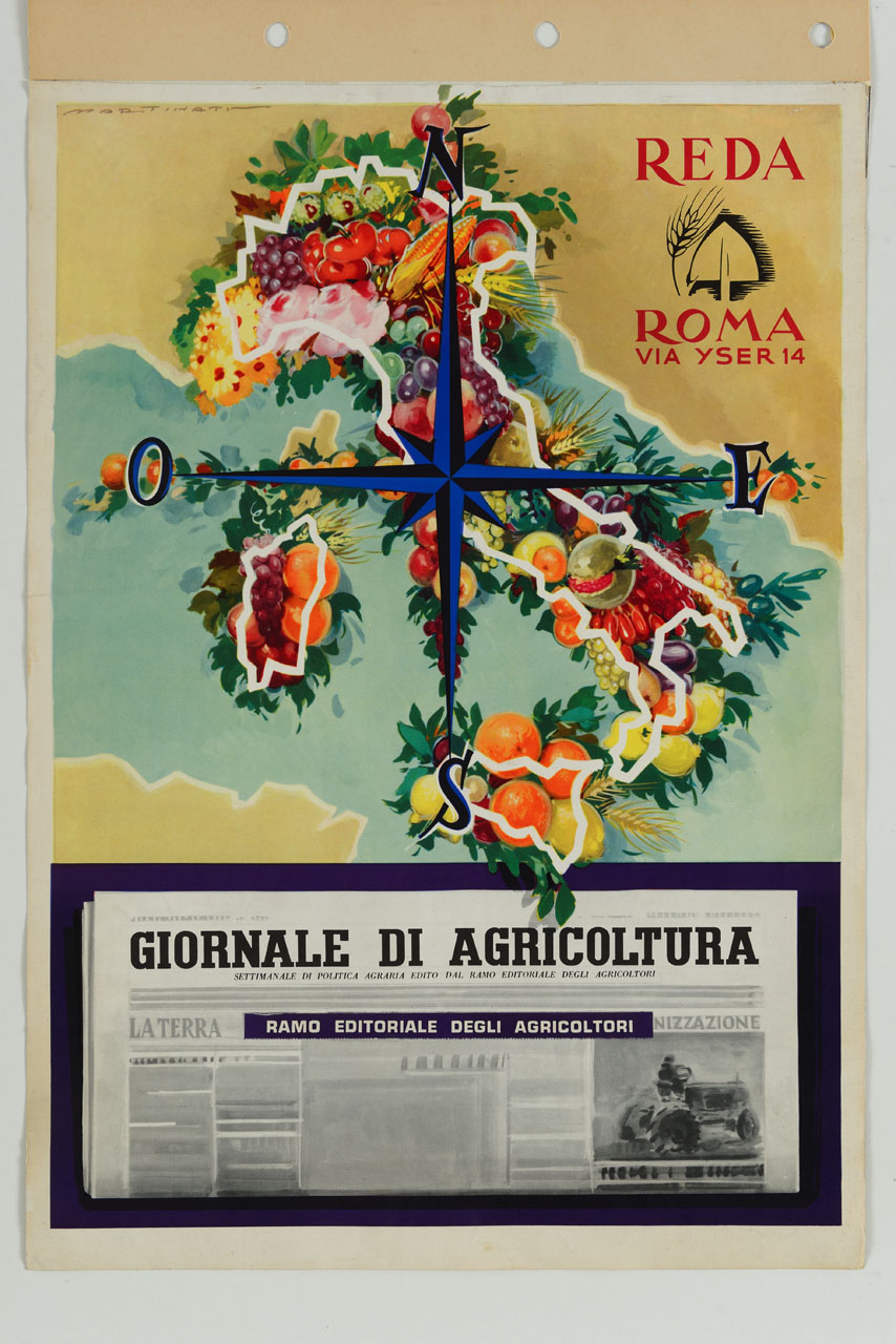 Italia geografica ricoperta di frutta e verdure di stagione (calendario) di Martinati Luigi (sec. XX)