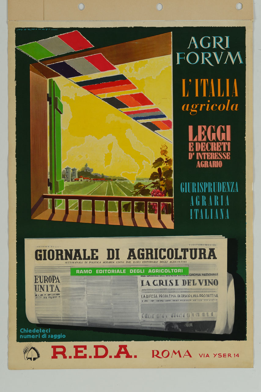 da una finestra aperta sulla campagna entra una fila di bandiere sullo sfondo dell'Europa (calendario) di Martinati Luigi (sec. XX)