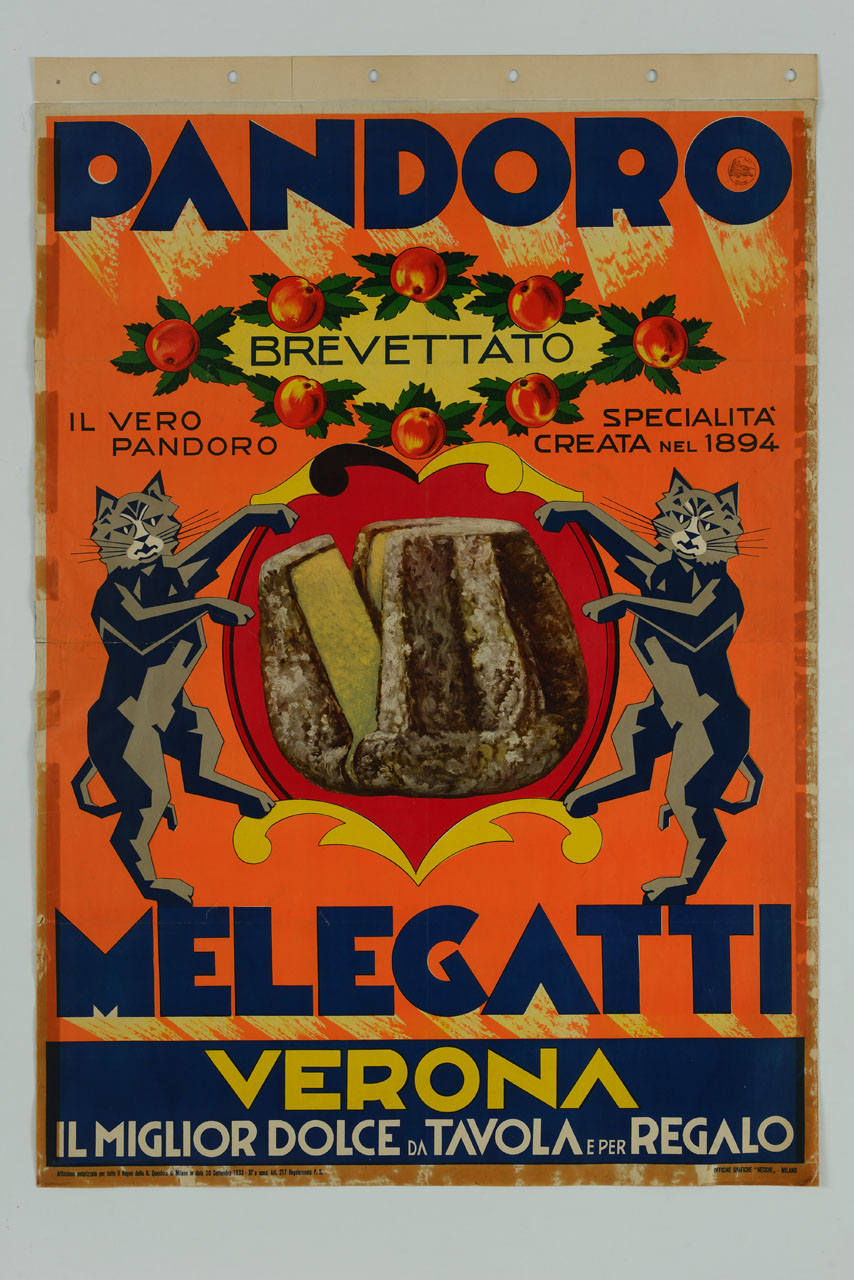 marchio di fabbrica con pandoro tra due gatti rampanti sormontato da ghirlanda di mele (manifesto) - ambito milanese (sec. XX)