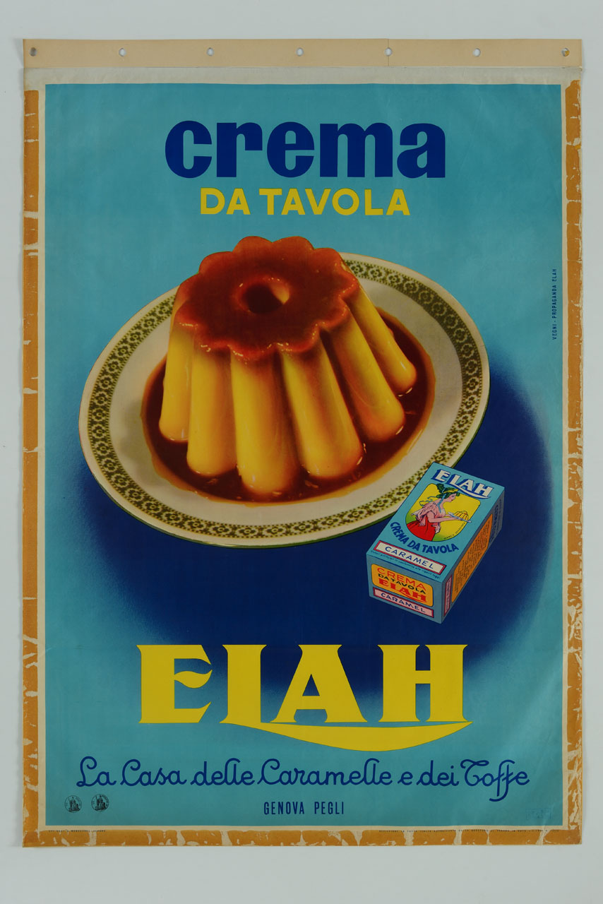 piatto con crème caramel e scatola di crema in polvere (manifesto) di Vegni Luciano (sec. XX)