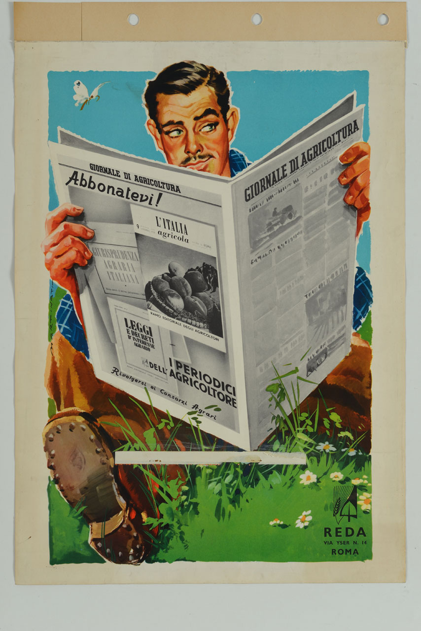 agricoltore legge un giornale seduto sul prato (calendario) di Martinati Luigi (sec. XX)