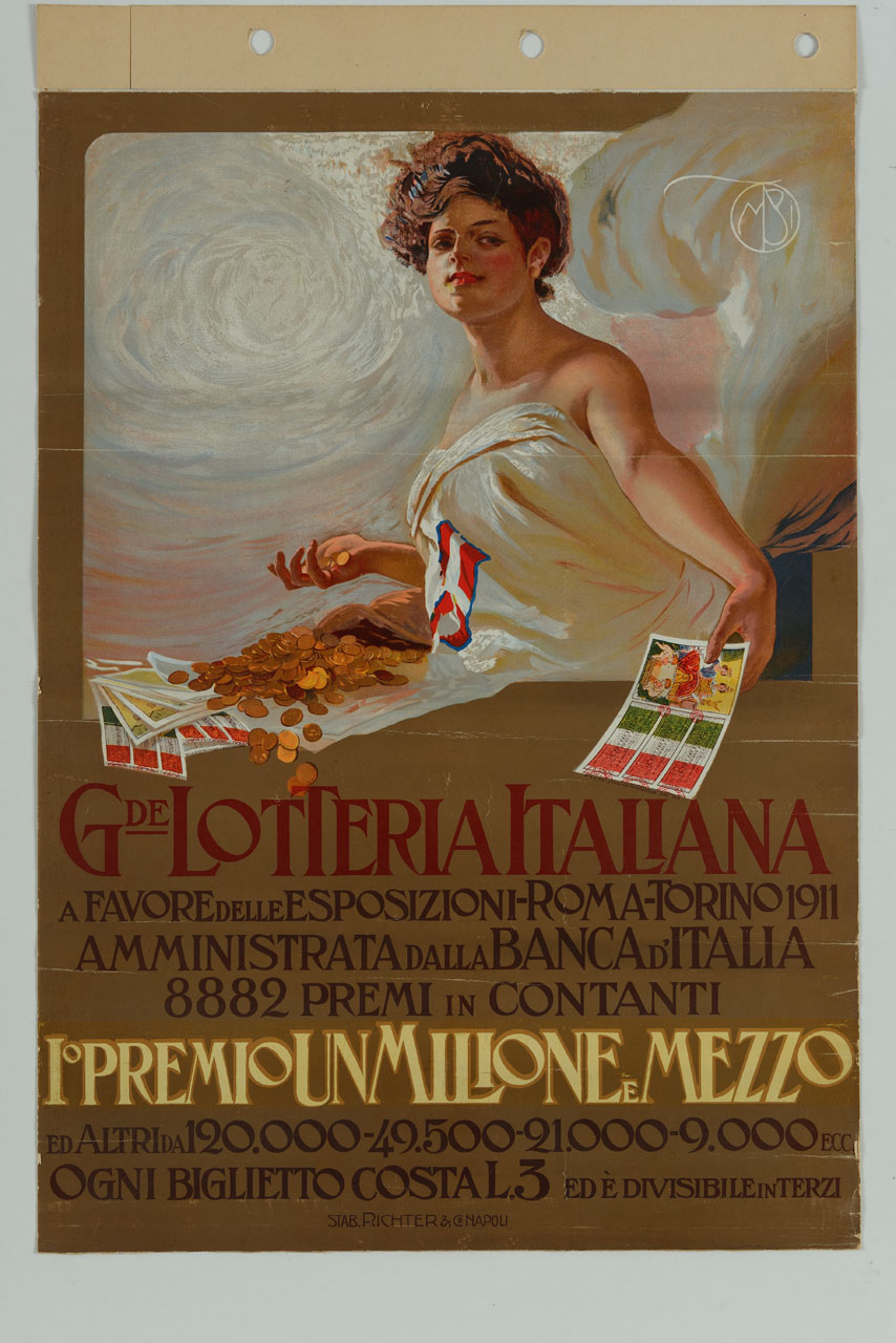donna avvolta da un velo svolazzante tiene con una mano un biglietto della lotteria e con l'altra dispensa monete (manifesto) di Borgoni Mario (sec. XX)