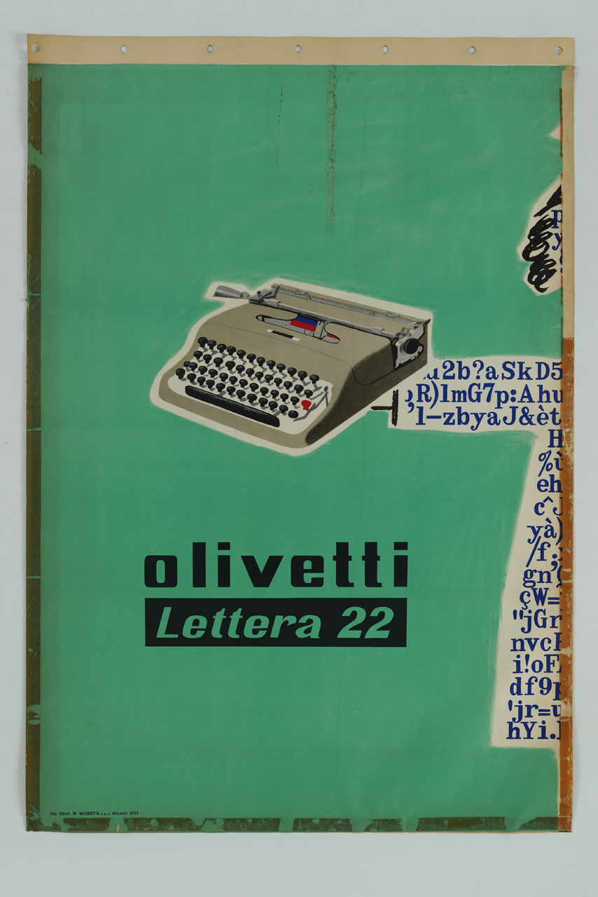 donna stilizzata coperta di caratteri tipografici con valigetta e macchina da scrivere (manifesto, stampa composita) di Savignac Raymond (sec. XX)