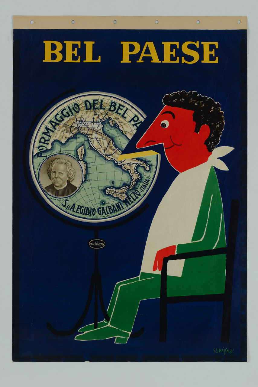 uomo seduto con tovagliolo al collo davanti a una forma di formaggio sostenuta da un treppiede (manifesto) di Savignac Raymond (sec. XX)