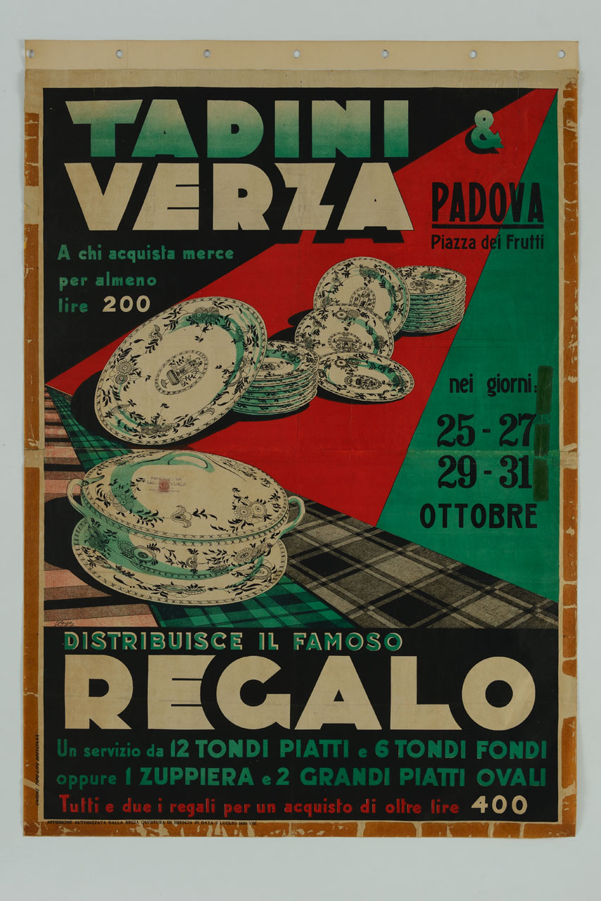 servizio di piatti decorati con motivi vegetali su tessuti a quadri righe e tinta unita (manifesto) di Cassa Paolo (sec. XX)