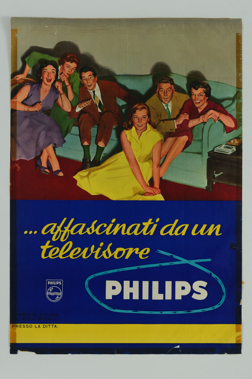 uomini e donne seduti su un divano e su un tappeto fissano lo sguardo davanti a sè affascinati (manifesto) di Geleng Rinaldo (sec. XX)