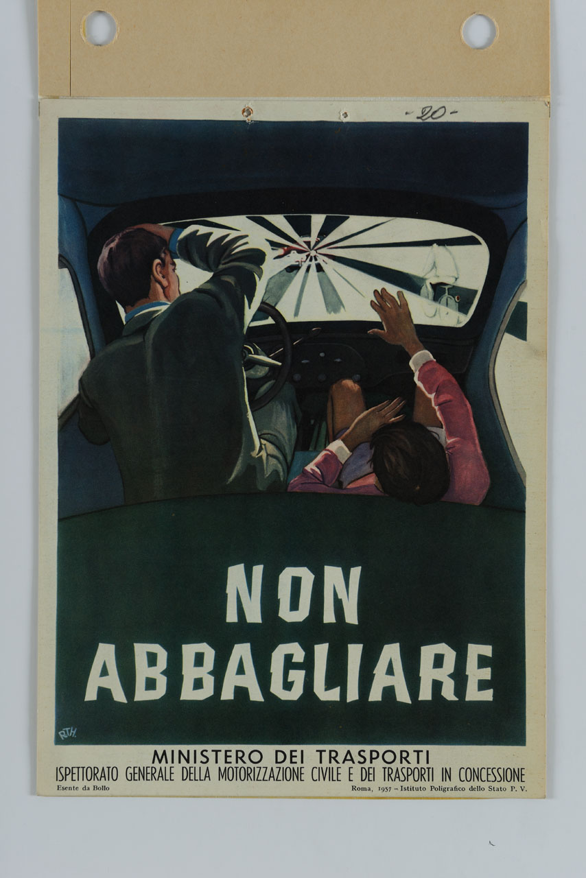 automobilista e la sua compagna abbagliati dai fari di un veicolo proveniente in senso opposto (locandina) - ambito italiano (sec. XX)