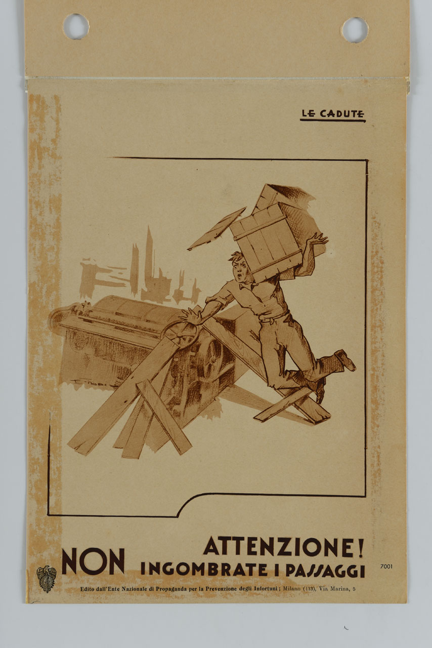 operaio inciampa su alcune tavole mal disposte portando in spalla una cassa di legno (locandina) di Tradico E - ambito italiano (sec. XX)