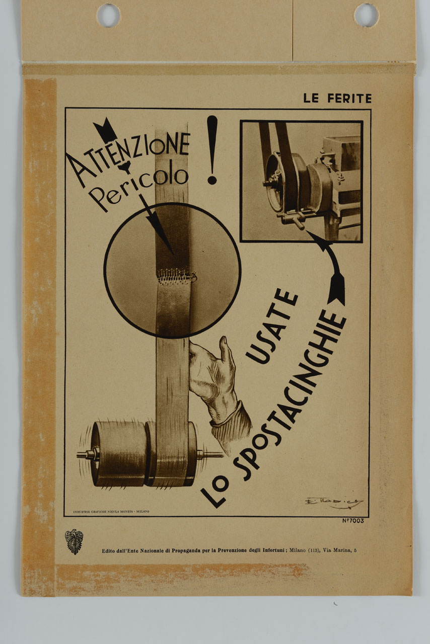 triplice riquadro illustra la sbagliata e corretta modalità di movimentazione delle cinghie di trasmissione di un macchinario (locandina) di Tradico E - ambito italiano (sec. XX)
