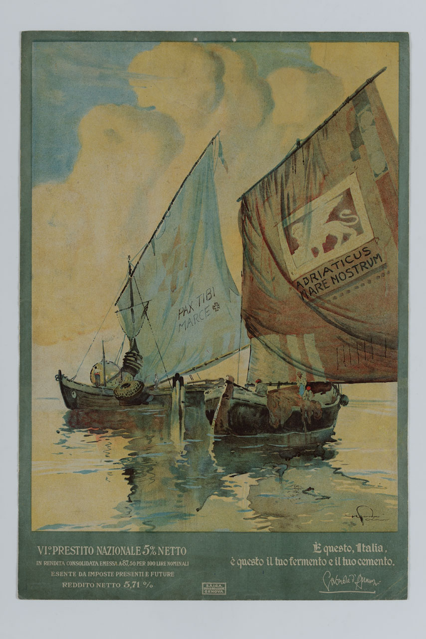 due barche a vela di pescatori con leone di San Marco si incrociano in laguna (manifesto) di Craffonara Aurelio (sec. XX)