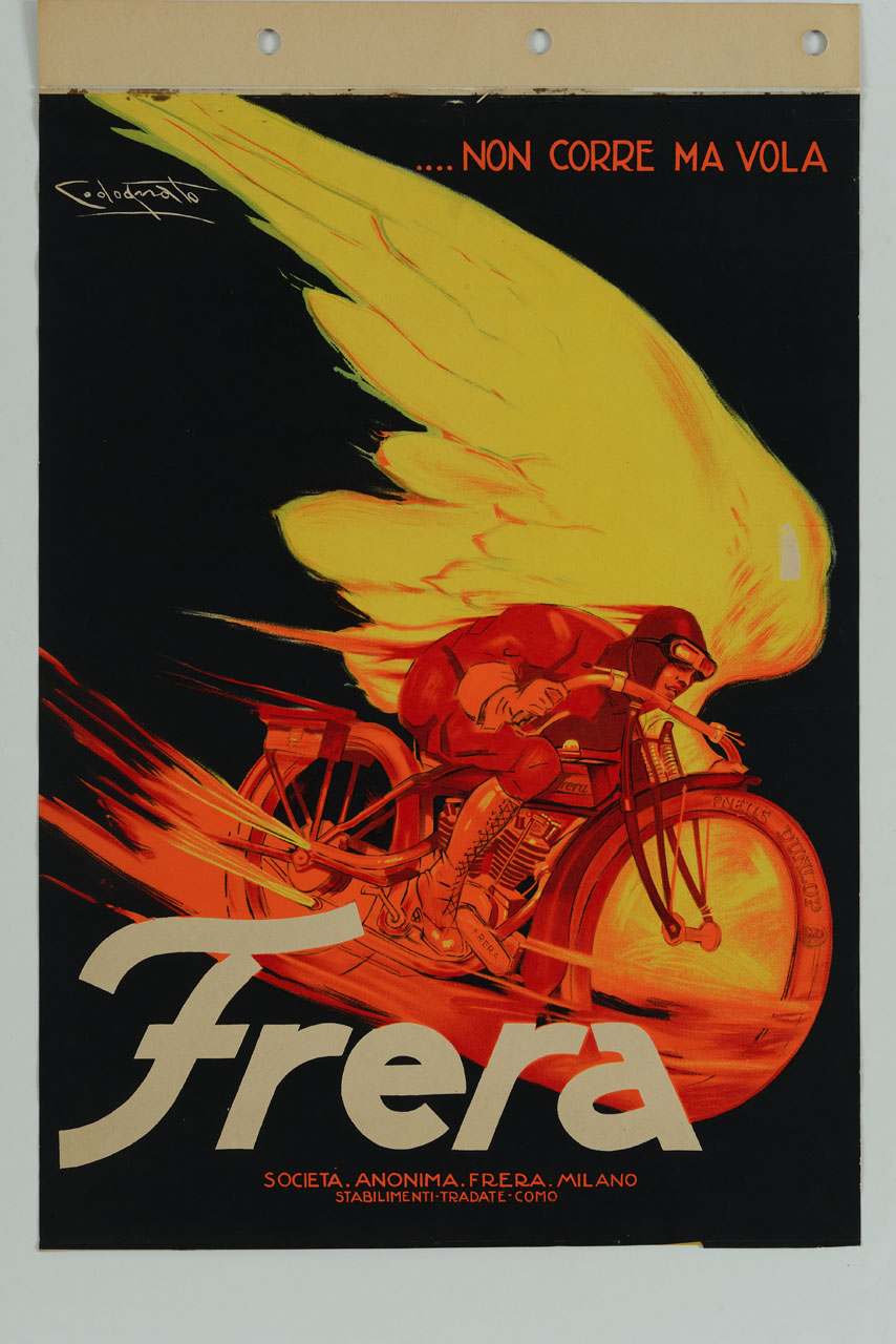 motociclista corre su una Frera dotata di grandi ali (manifesto) di Codognato Plinio (sec. XX)
