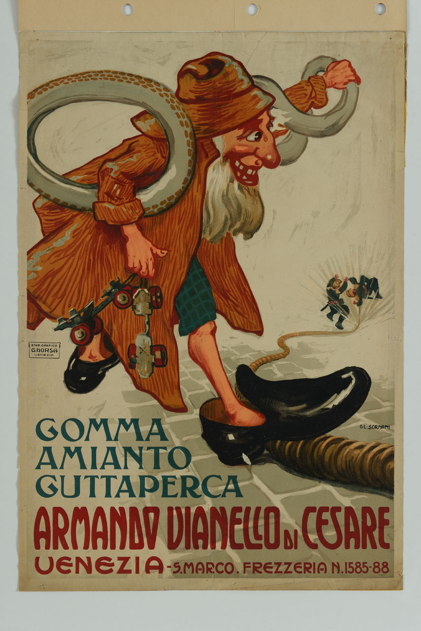 vecchietto con barba bianca e grandi scarpe scherza con il tubo dell'acqua dei pompieri mentre regge in mano dei pattini, un copertone e una camera d'aria (manifesto) di Sormani Gian Luciano (sec. XX)